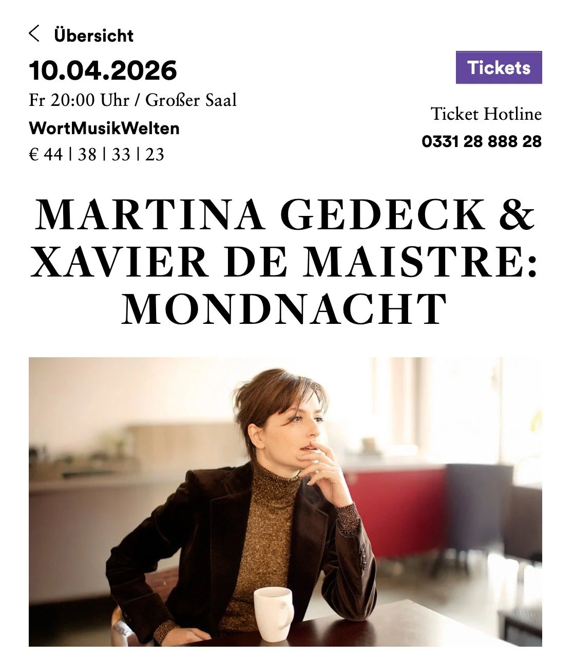 Veranstaltungshinweis - 10.4., 20h 👇: 
MARTINA GEDECK &amp; XAVIER DE MAISTRE: MONDNACHT

Texte von Else Lasker-Sch&uuml;ler, Edgar Allan Poe, Oscar Wilde, Charles-Marie Leconte de Lisle und Joseph von Eichendorff
Originalwerke und Bearbeitungen f&u