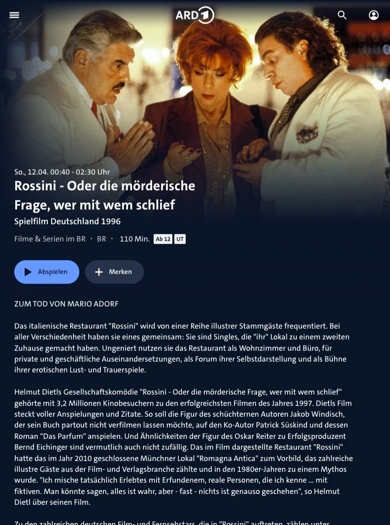 Aktuell in der @ardmediathek zum Tod von Maria Adorf - "Rossini - Oder die m&ouml;rderische Frage, wer mit dem schlief". Spielfilm aus dem Jahr 1996.

LINK 👉 https://www.ardmediathek.de/tv-programm/69d7c4eeba3a9ea162333351

Besetzung 👇
Uh