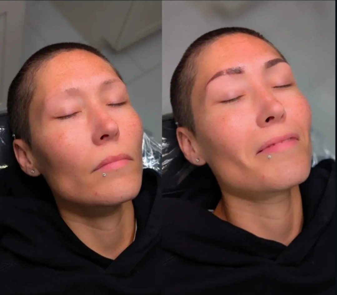 A photo of a person before and after an ombre powder brow service