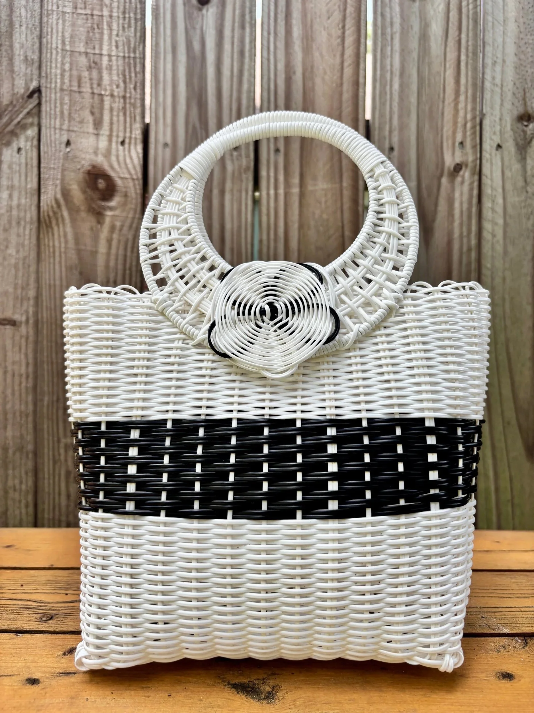 Handwoven bag from upcycled materials.