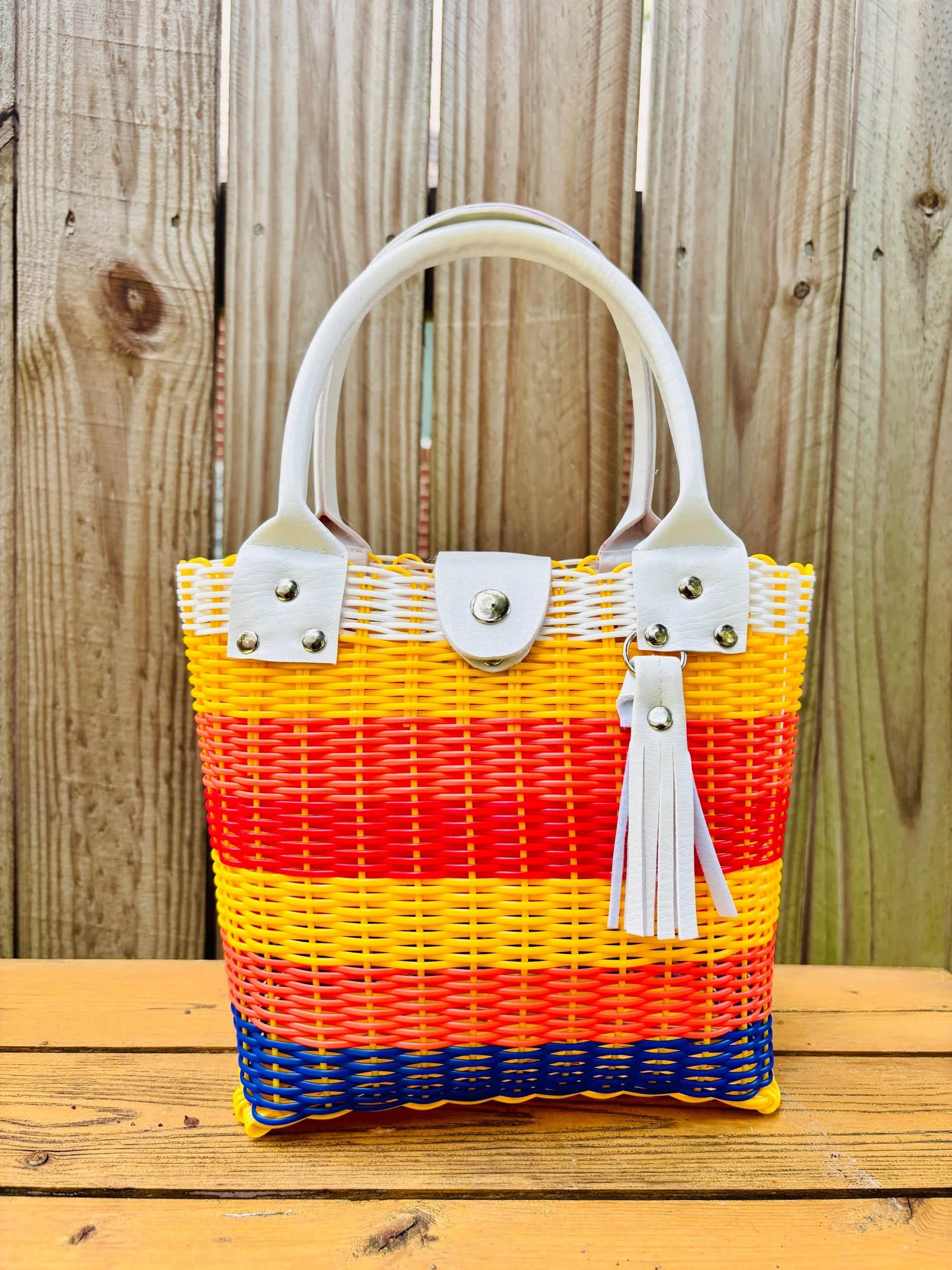 colorful handbag with faux leather