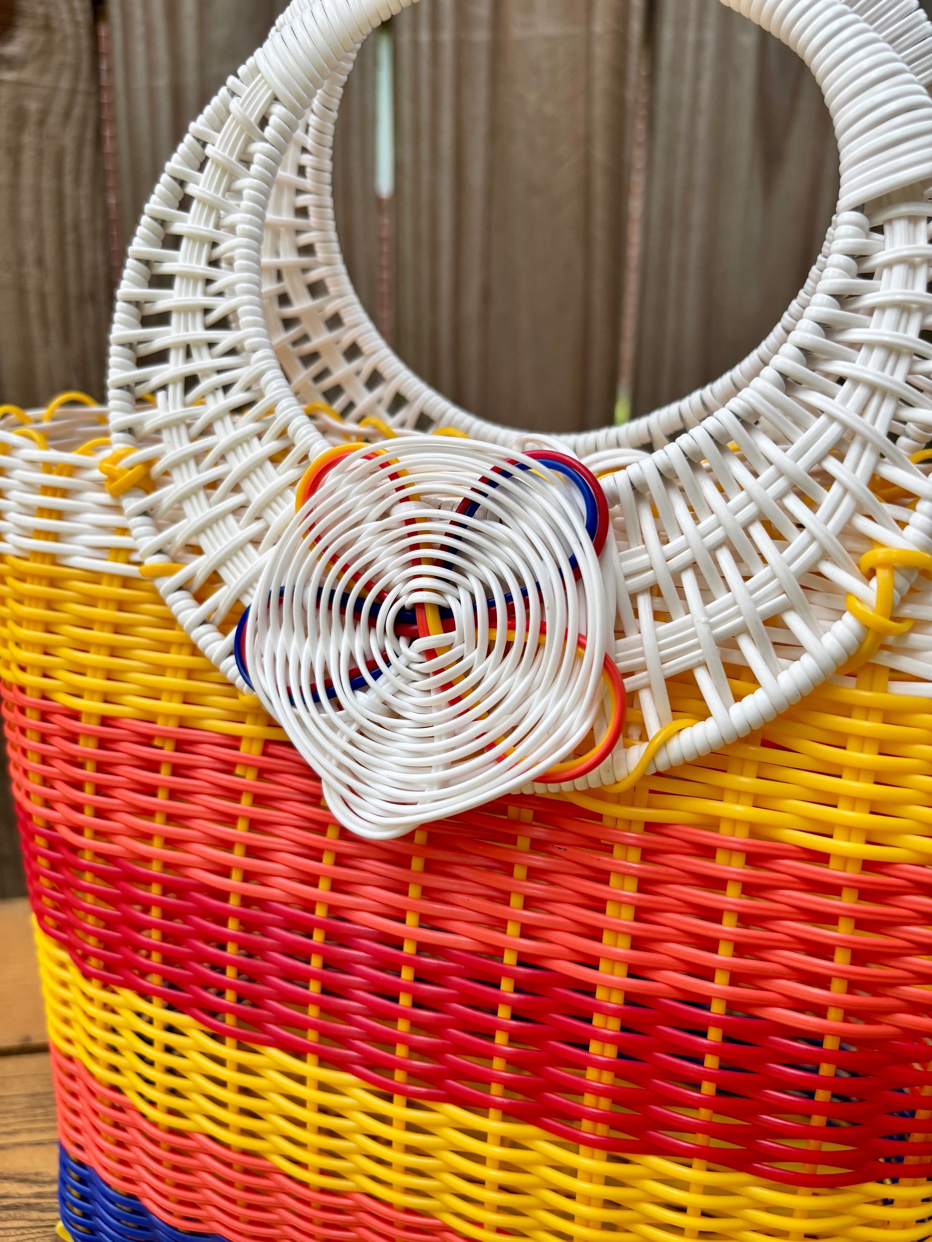 woven totes with blue, orange and yellow colors