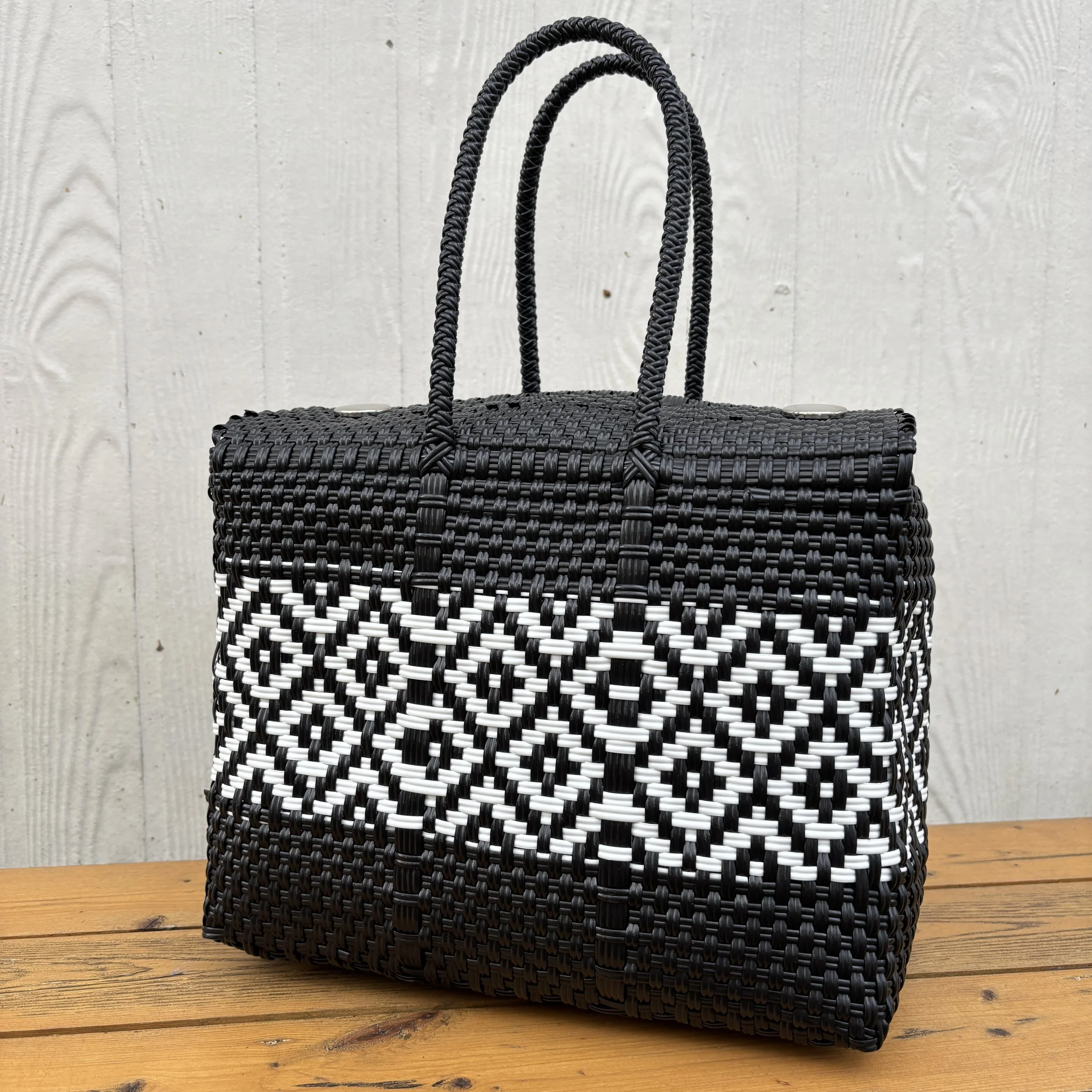 white and black bag handmade