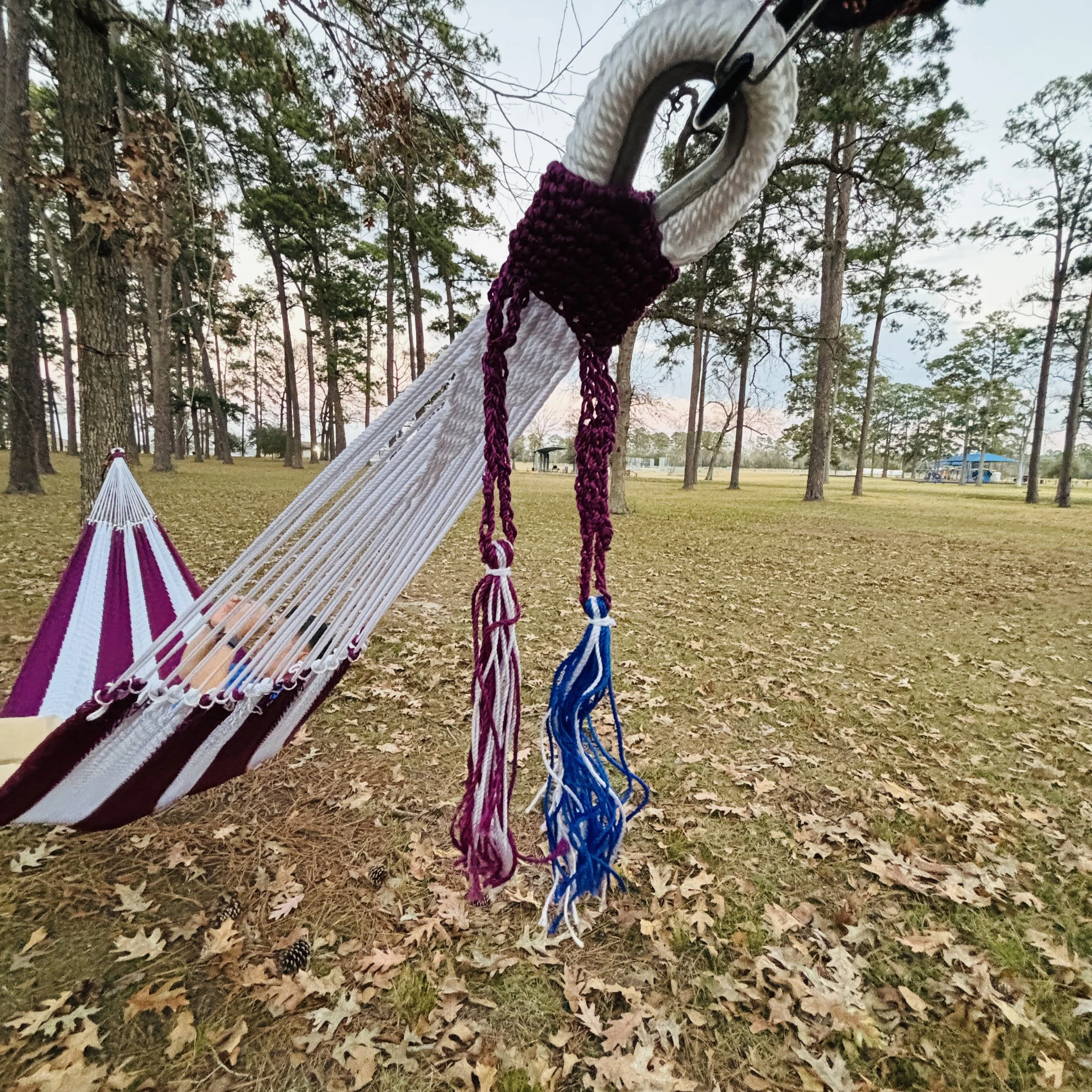Hammock at the park between 2 trees.