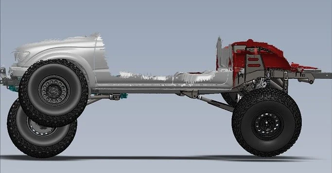 First gen Tacoma kit models at full bump, full drop and flexed out. Which view is your favorite? #martecengineering #martectacomakit #trailingarm #solidaxle #coilovers