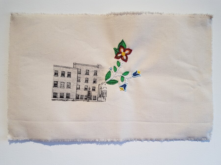 Barb Blind -Gordon Residential School, Acrylic, pen, fabric marker, beading on canvas, 2017.
