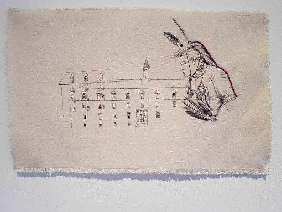 Frank Tacan - Pine Creek Residential School, Acrylic, pen, beading on canvas, 2017.