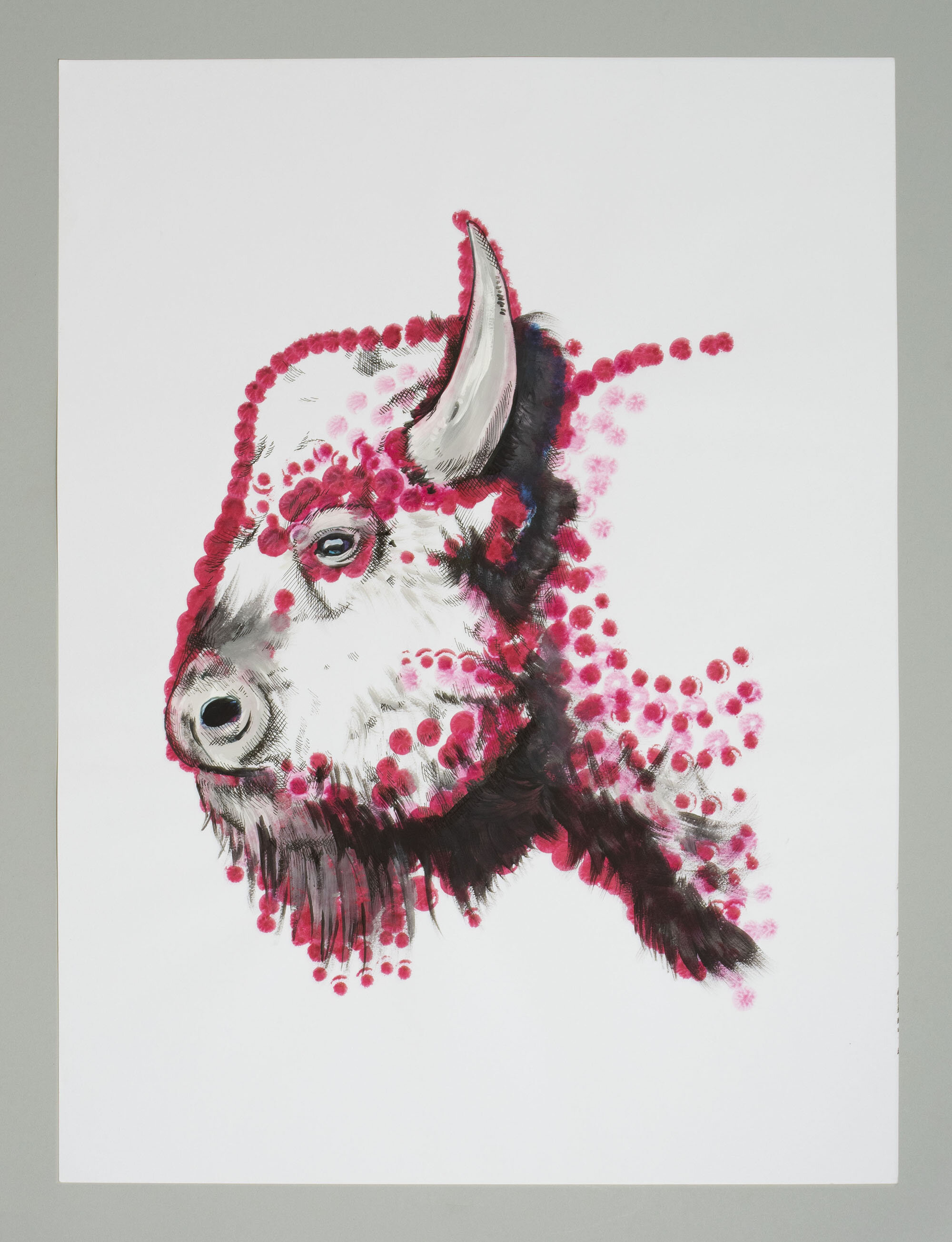 You Know He's A Buffalo, Bingo dabber, acrylic and pen on paper, 2016. Photo credit: Serge Saurette.
