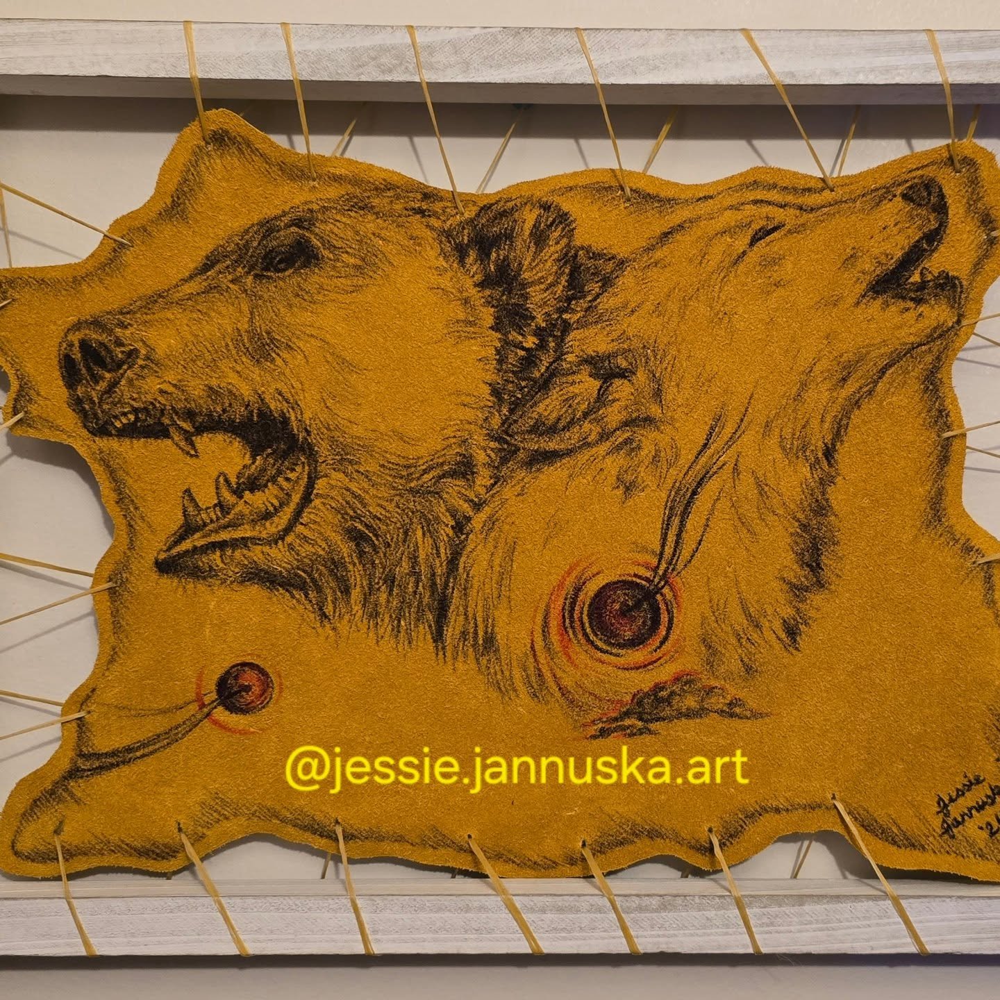 *edit* This piece is currently for sale at the WAG gift shop. 

I will be on-site drawing portraits live tonight and tomorrow at Clifton Studios, Opening Studio &amp; Sale. I will have this small stretched hide artpiece, Strawberry Beaded Pin Project