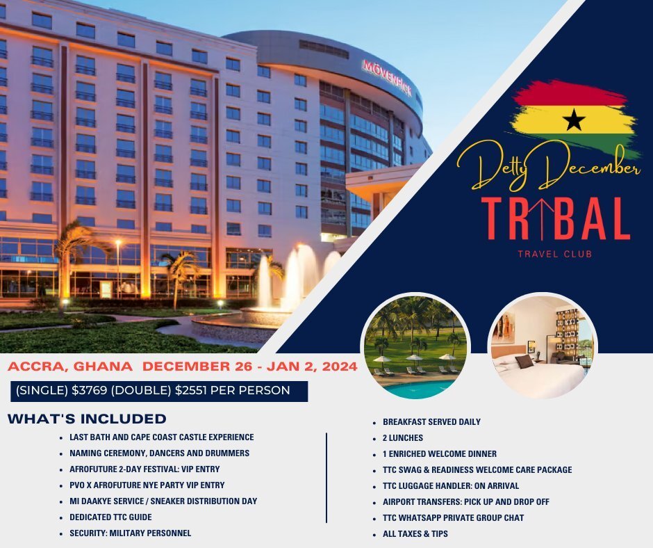 Book Your 2023 Detty December Experience in Ghana.⁠
⁠
We help expose travelers to the rich variety of history, culture, art, fashion, food and music so that they can leave more connected to the Motherland and themselves. ⁠
⁠
Visit: TribalTravelClub.c