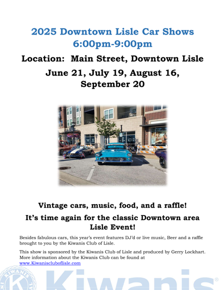 Vintage Cars, Music, Food & Raffle- Car Show Downtown Lisle- Hosted by Kiwanis Club of Lisle