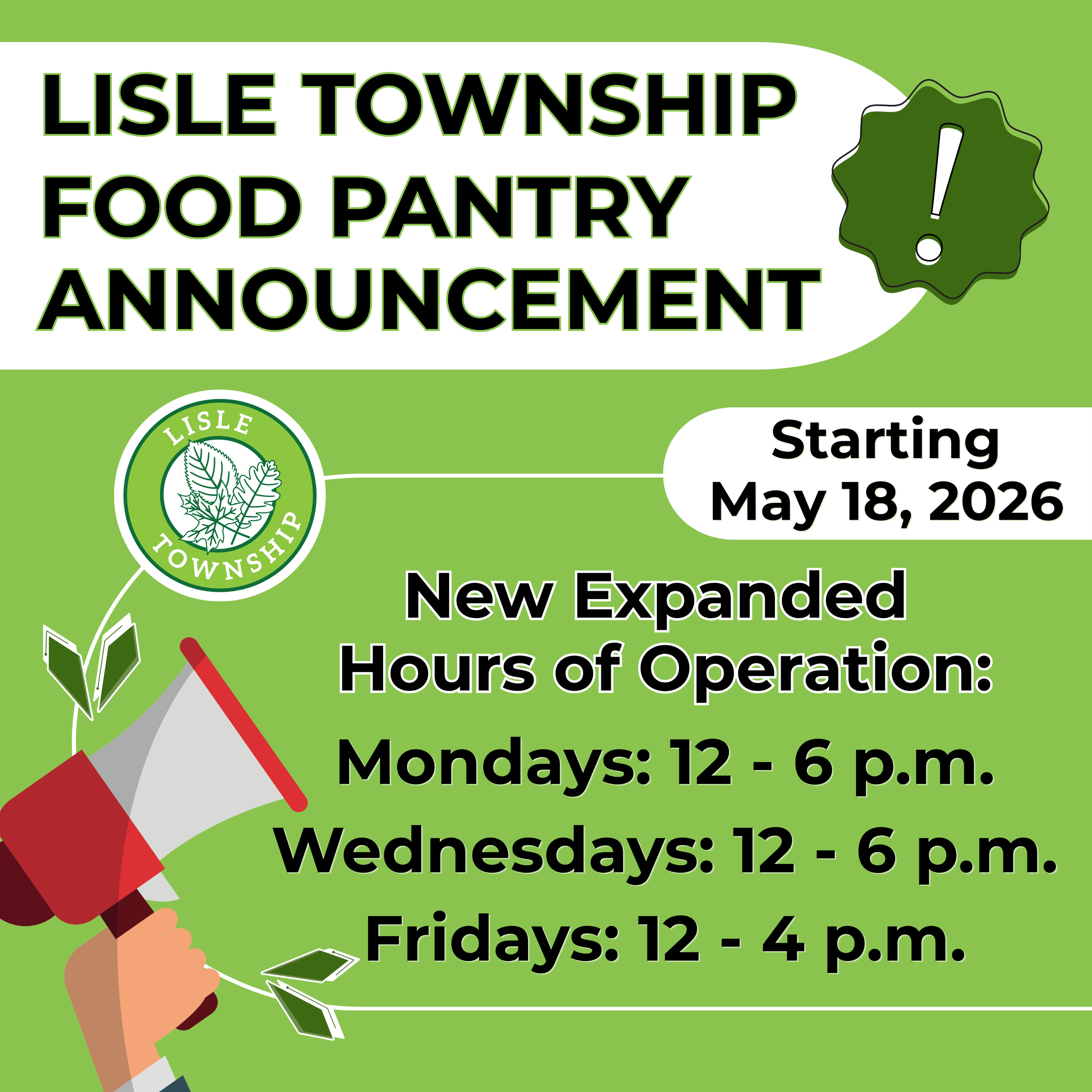 image of Lisle Township Food Pantry's new expanded hours on Mondays and Wednesdays from 12 to 6 p.m. and Fridays from 12 to 4 p.m.