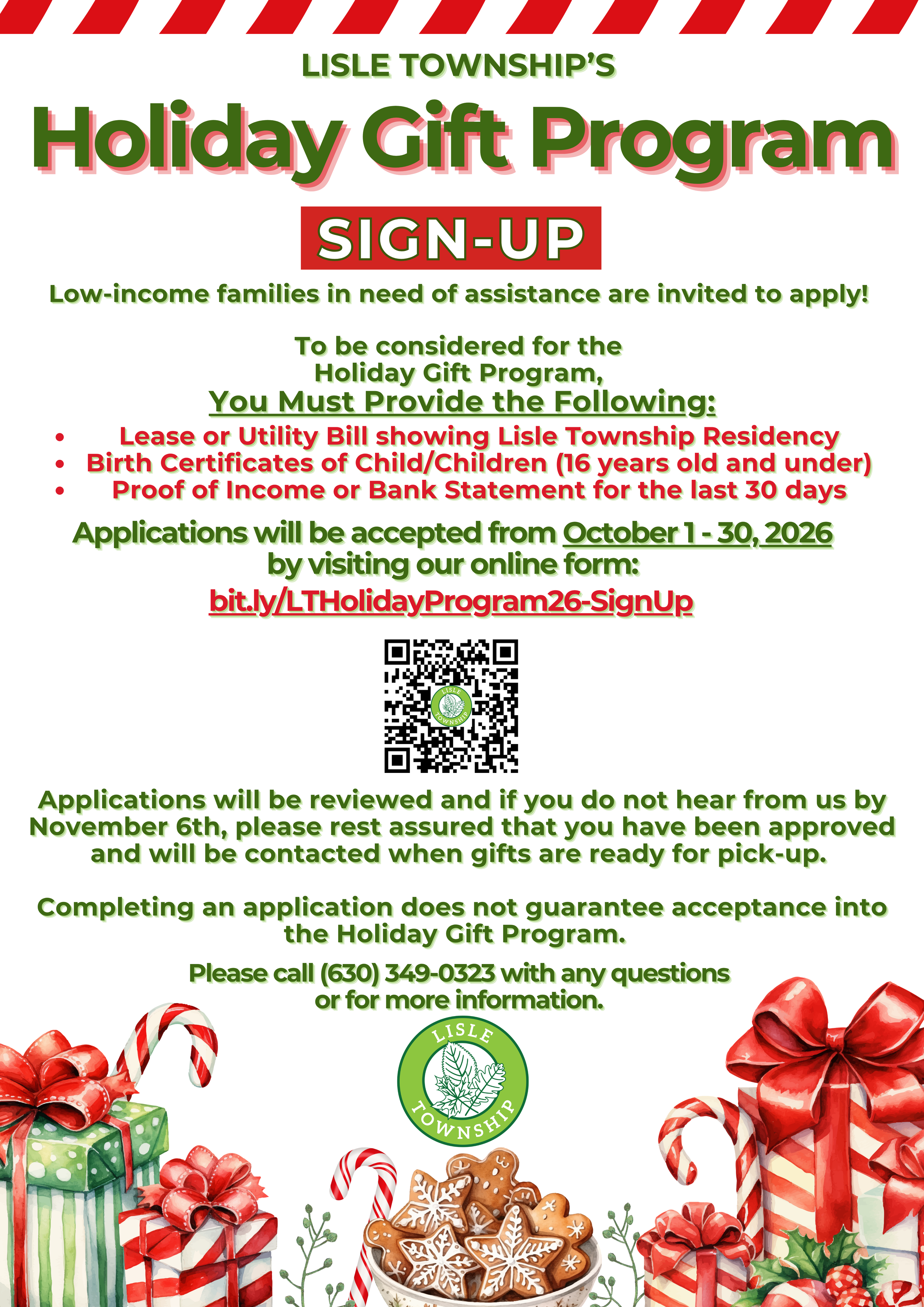 Lisle Township Holiday Gift Program Information for families.  Sing up by visiting https://bit.ly/LTHolidayProgram26-SignUp