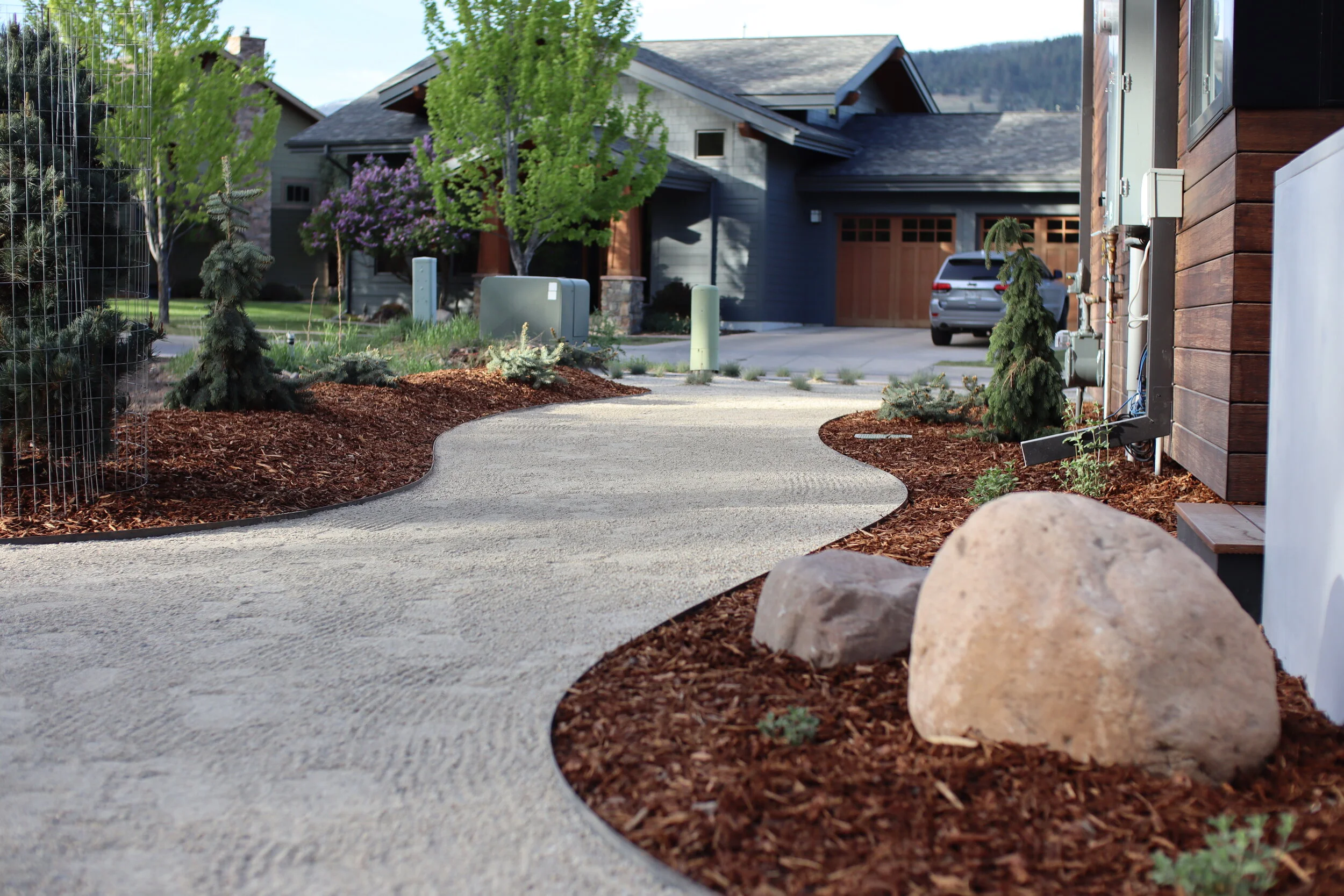 Modern landscaping gravel pathway in Missoula Montana