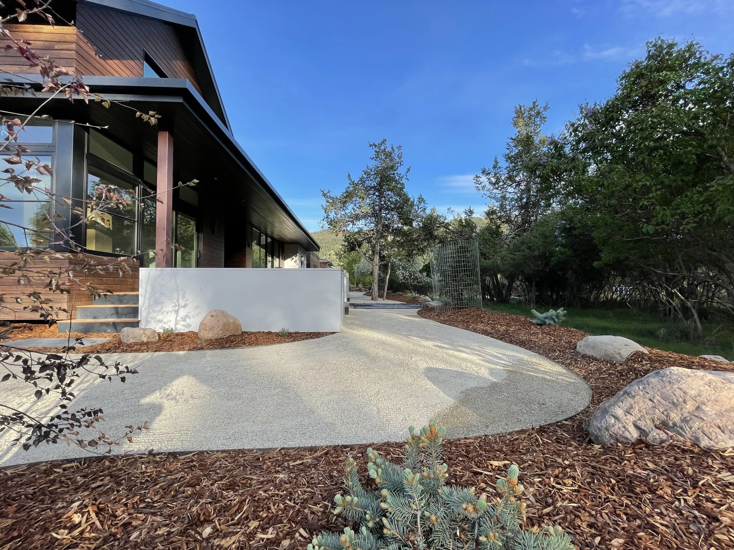 Gravel and mulch in a modern landscape project in Missoula Montana
