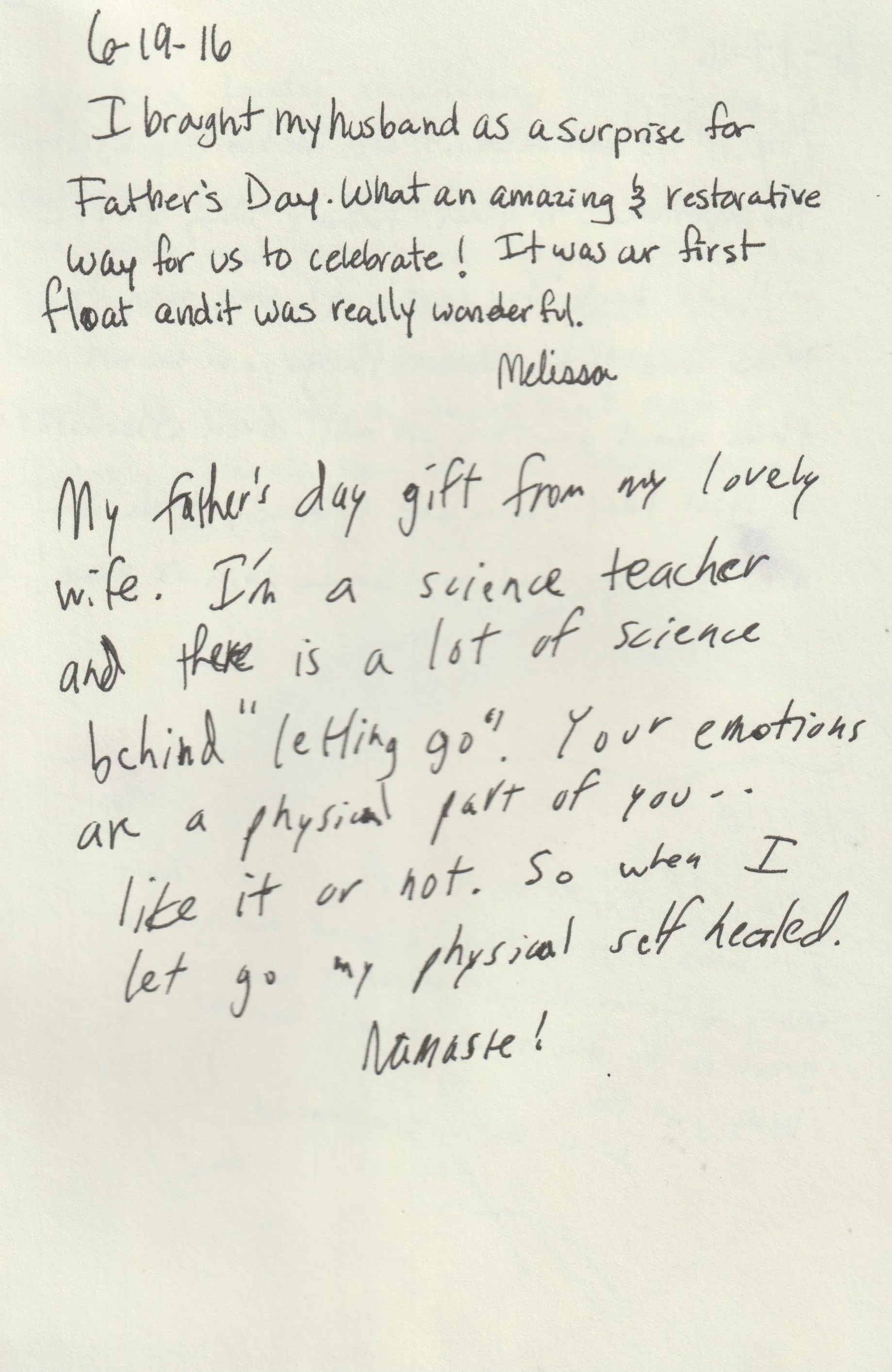 Handwritten notes on yellow paper, dated 6-19-16, about a Father's Day celebration, gifts, and personal reflections.