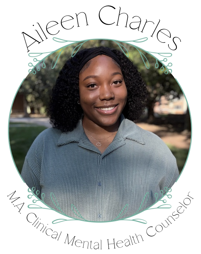 Portrait of a young African American woman with curly hair smiling outdoors, wearing a blue striped shirt, with green trees in the background. Text around her reads 'Aileen Charles, M.A. Clinical Mental Health Counselor'.