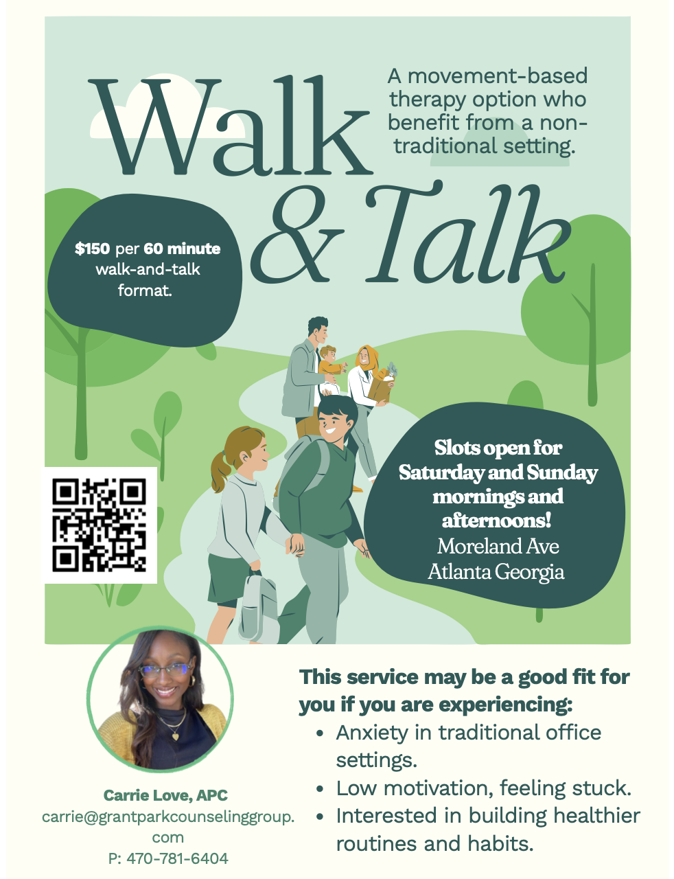 Flier with information for Walk & Talk Therapy Sessions with Carrie Love, APC