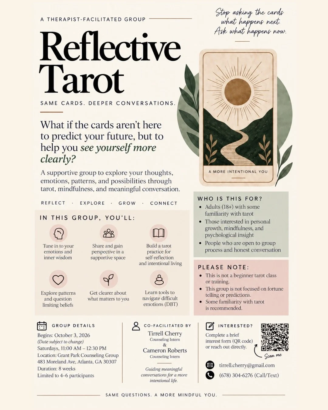 A flyer for a therapist-facilitated reflective tarot group, including details about the group, target audience, facilitators, schedule, location, and contact information. It features a landscape tarot card with mountains, a river, the sun, and leaves.