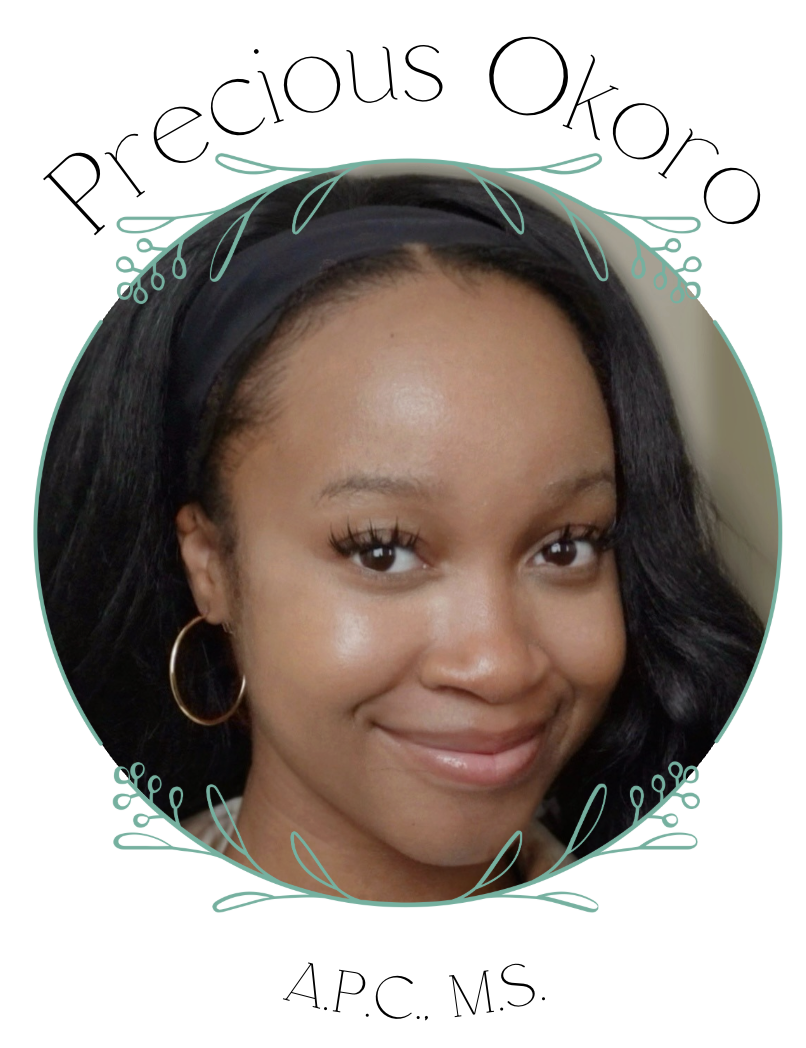 A smiling young woman with medium-dark skin, black hair, wearing hoop earrings and a dark headband, with decorative text "precious Okoro" and initials "A.P.C., M.S."