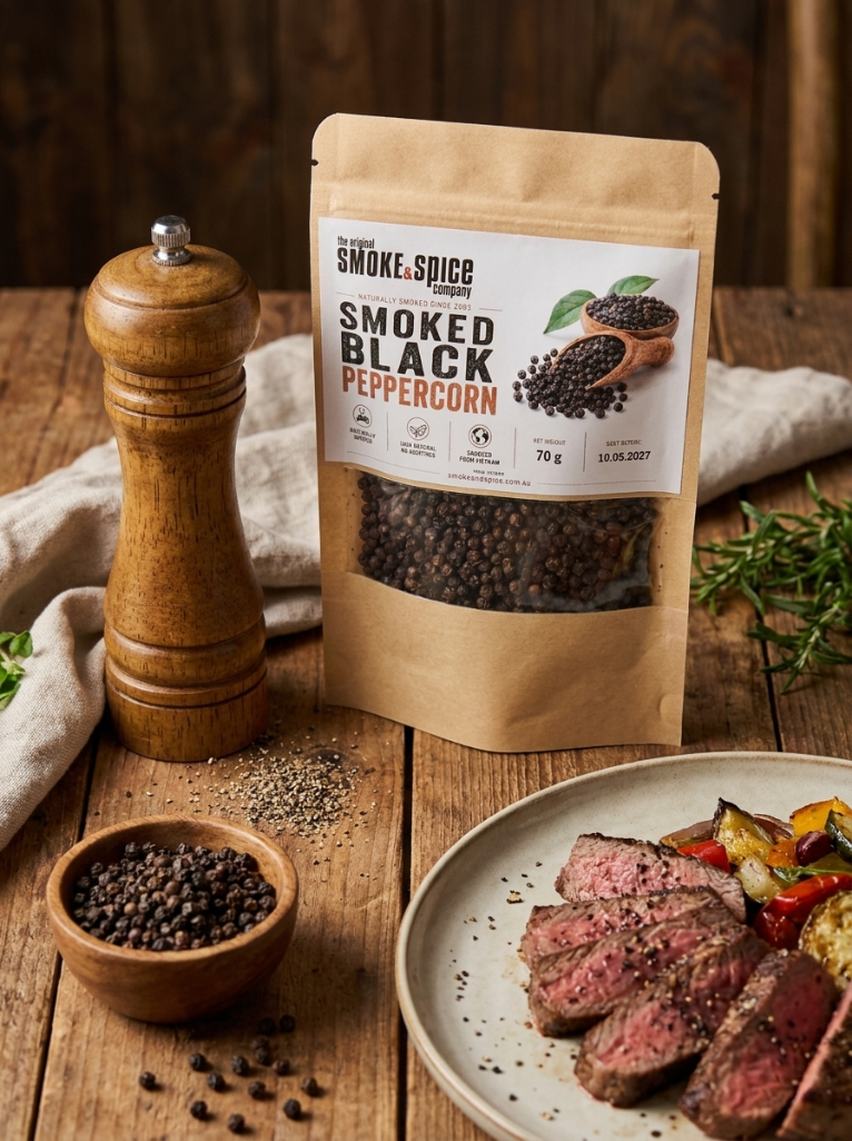 Smoke & Spice Smoked Black Peppercorn 70g pouch served with steak and a wooden pepper grinder