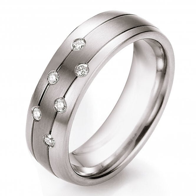 6mm Titanium & Steel Wedding ring with a Diagonal Stripe set with 6 Diamonds 68/06040-060-06 Chapter 79