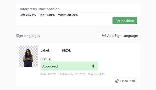 Sign language interpreter settings showing the interpreter’s position in the frame and an approved NZSL track with an interpreter on a transparent background.