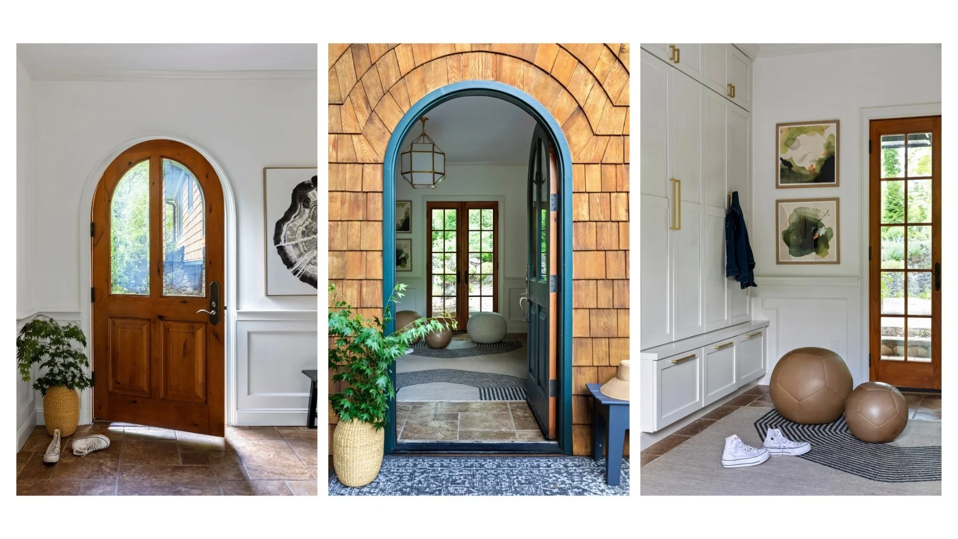 Entryway interior design featuring arched wood doors, shingle exterior detail, and custom mudroom cabinetry