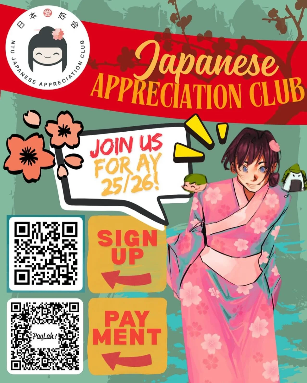 Hey JACians,
Welcome back to school~
And onto another semester of memories to uncover.

Join the Japanese Appreciation Club here at:
https://forms.office.com/r/a7pPPbiuNK

Please note there is a membership fee of $5.

For previous members, please fee
