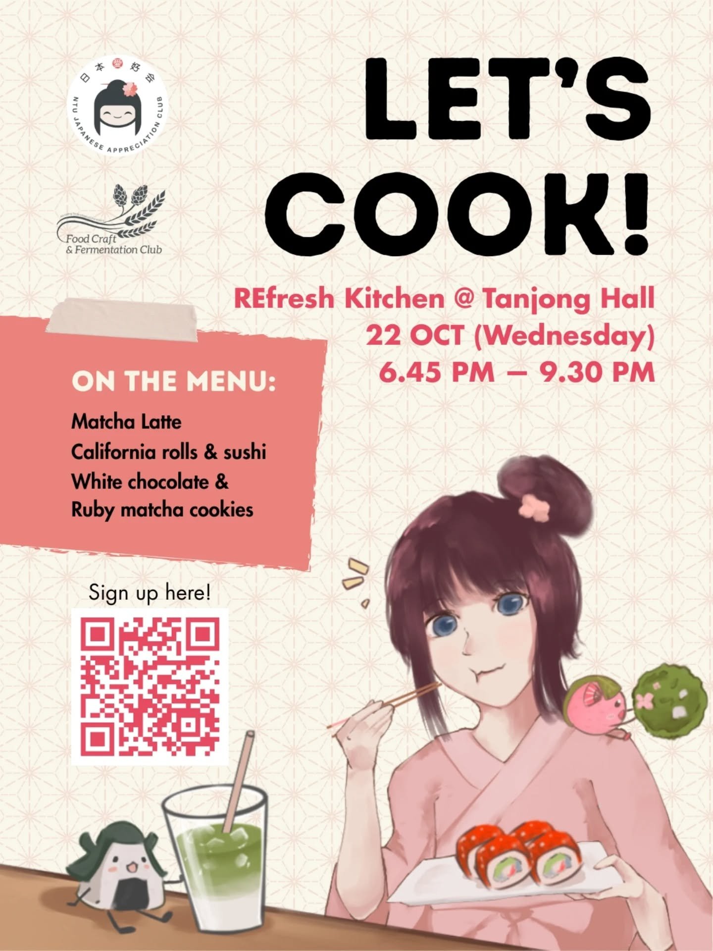 皆さん、お元気ですか？ 
Hi JAC-ians! 

Craving some Japanese treats? Try your hand at making them in our collab event with the Food Craft and Fermentation Club @ntufoodcraft ! 🥢

In this workshop, you&rsquo;ll get to prepare and enjoy three delicious Japanese-