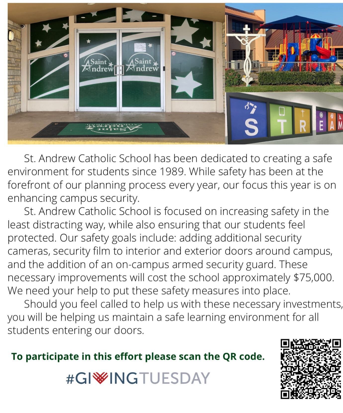 Advanced Giving continues throughout this week. The focus of our goal this year is to enhance campus security. Please spread the word and consider donating towards our initiative by using the QR code above or by visiting our school website at www.sta