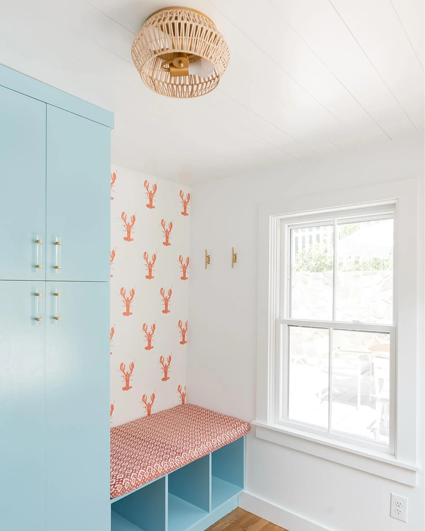 sharing another shot of the mudroom at the #mixedusemini because the lobster wallpaper is just that good! we still can&rsquo;t get over the before and after for this once overlooked room. normally, we wouldn&rsquo;t suggest removing or downsizing a w