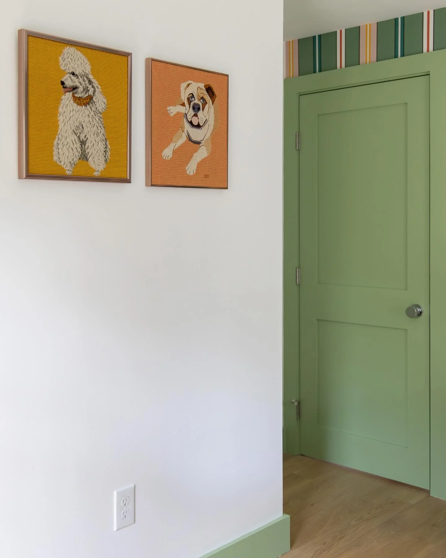 let&rsquo;s have a moment of appreciation for these quirky vintage dog needlepoints that grace one of the guest rooms at the #preppyhollowhouse. as soon as we saw them, we knew that the colors would be perfect for this project. they are definitely on