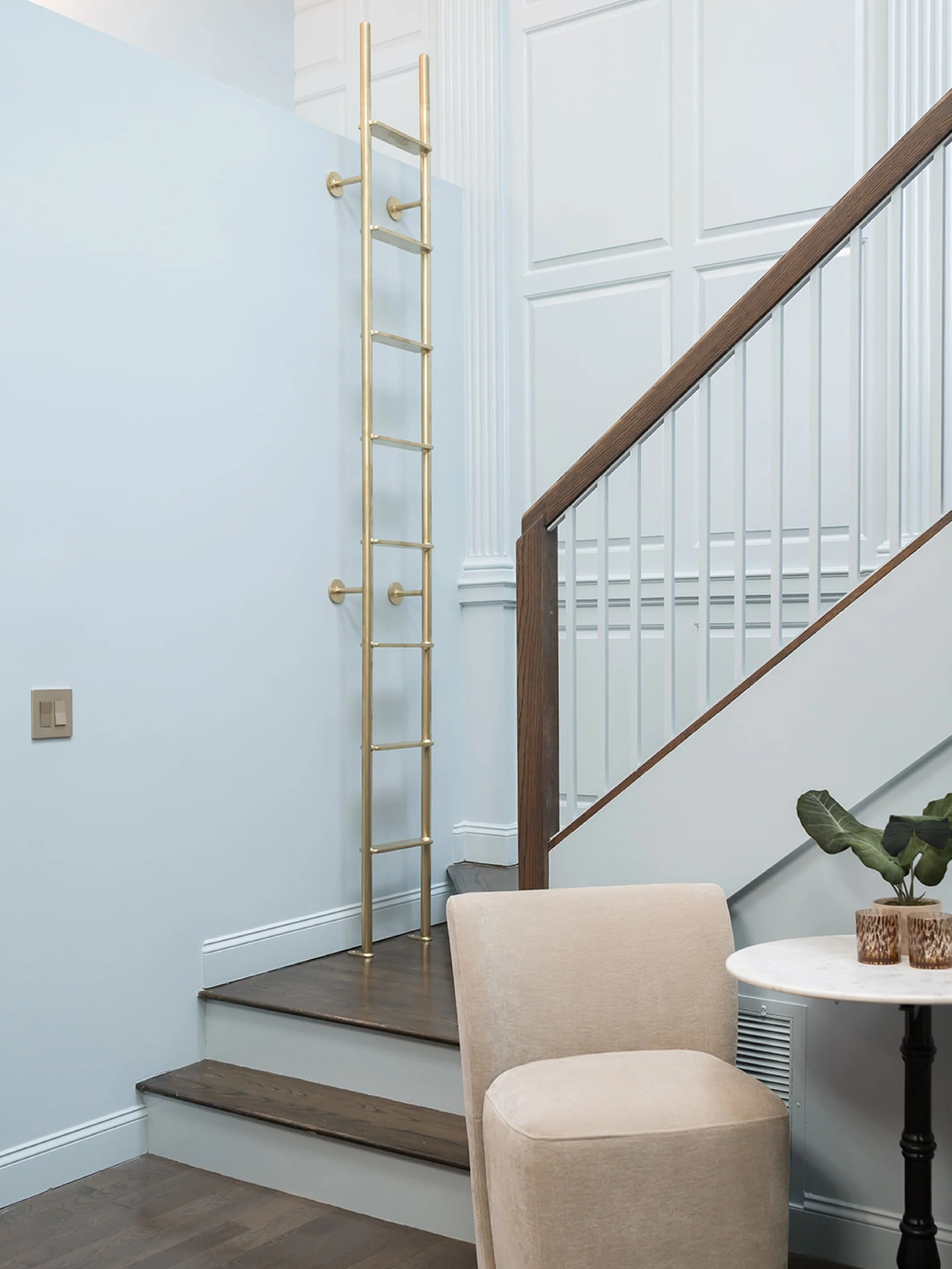 this condo features incredibly high ceilings with amazing woodwork from the building&rsquo;s former life as a church. in order to highlight the volume of this space and show off its full potential, #dwelloctoberstudio painted everything a dusty shade