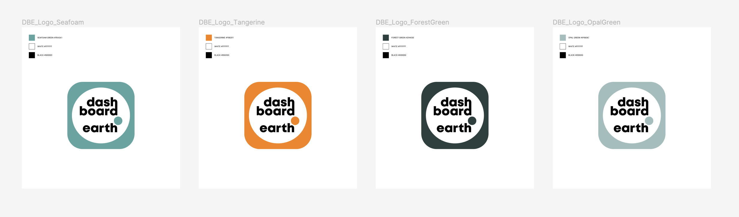 Four variations of a board game logo with different background colors and color schemes. Each logo features the words "dashboard earth" with design elements including a small circle.