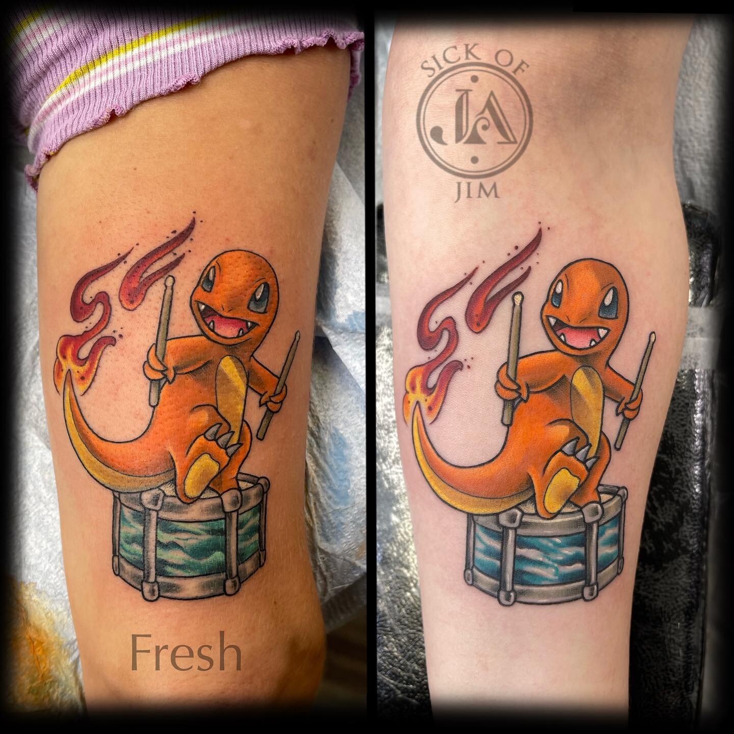 Matching drummer Charmander Pok&eacute;mon memorial pieces for Sarah and Nikki.  Fun stuff! 

#sickofjim #pokemon #pokemontattoo #tattoo #tattooing #tattoosnob #charmander #colortattoo #memorialtattoo #weha #plainvillect #newington