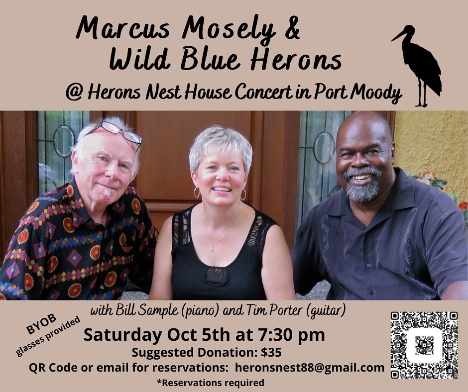 House concert at The Herons Nest in Port Moody on Saturday October 5th! 
Come and join us for an intimate evening of inspiring music from gospel/blues to soul/jazz. 
Reservations required. 
Use QR code to reserve your spot!  Or follow the link on our