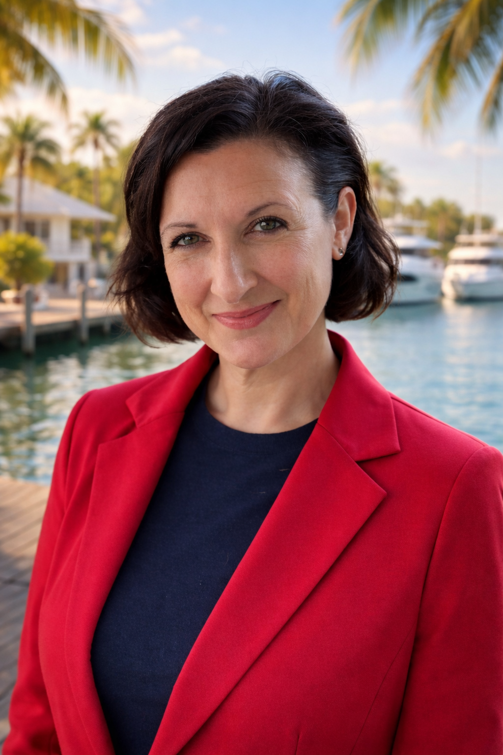 Photo of Key West Real Estate Professional Heather-May Sloan wearing a red blazer in front of a waterfront home.