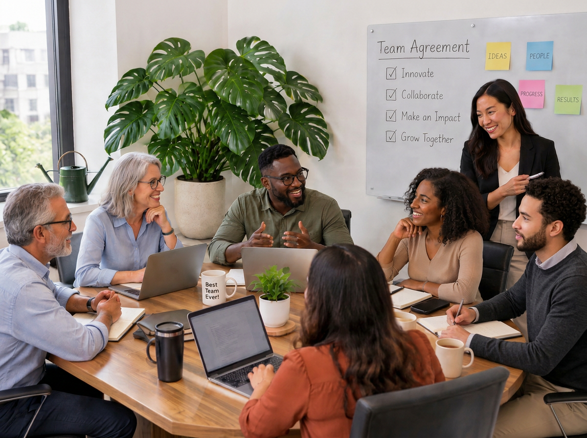 A group of diverse team members having a productive meeting.