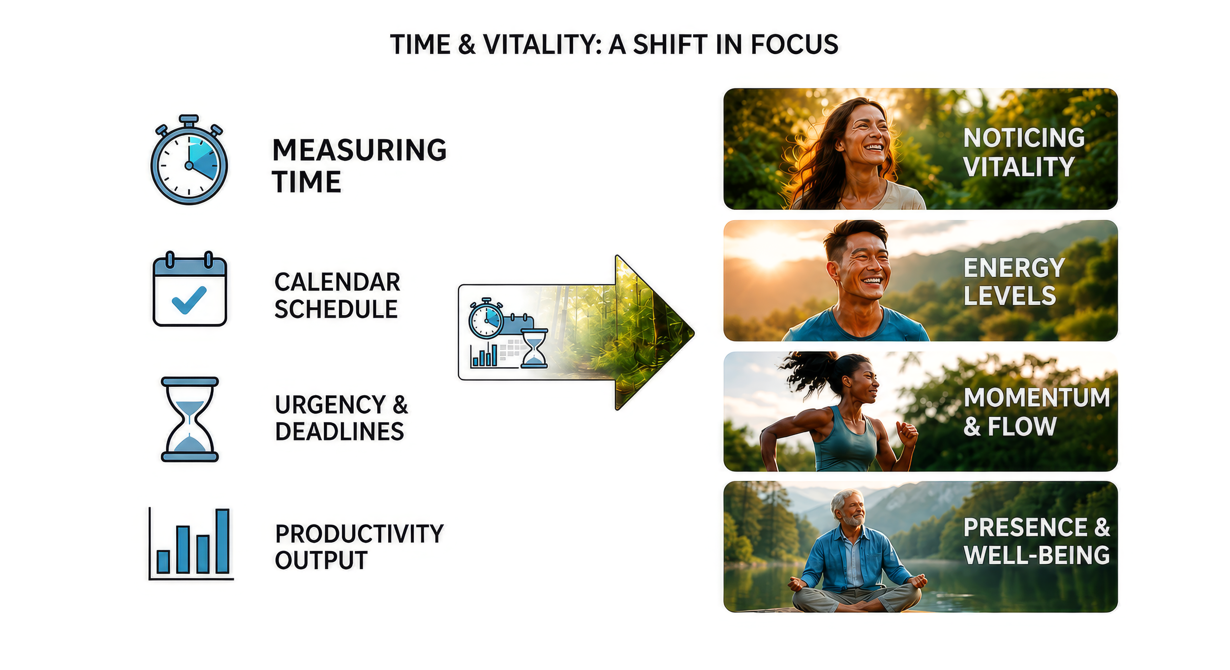 An info graphic that depicts what might happen when leaders move away from measuring time and focus on noticing vitality.