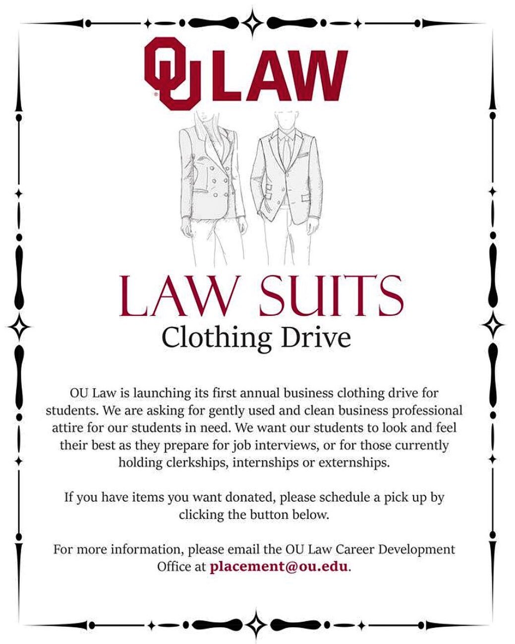 Donations accepted for Clothing Drive suiting up students at OU. ❤️🤍