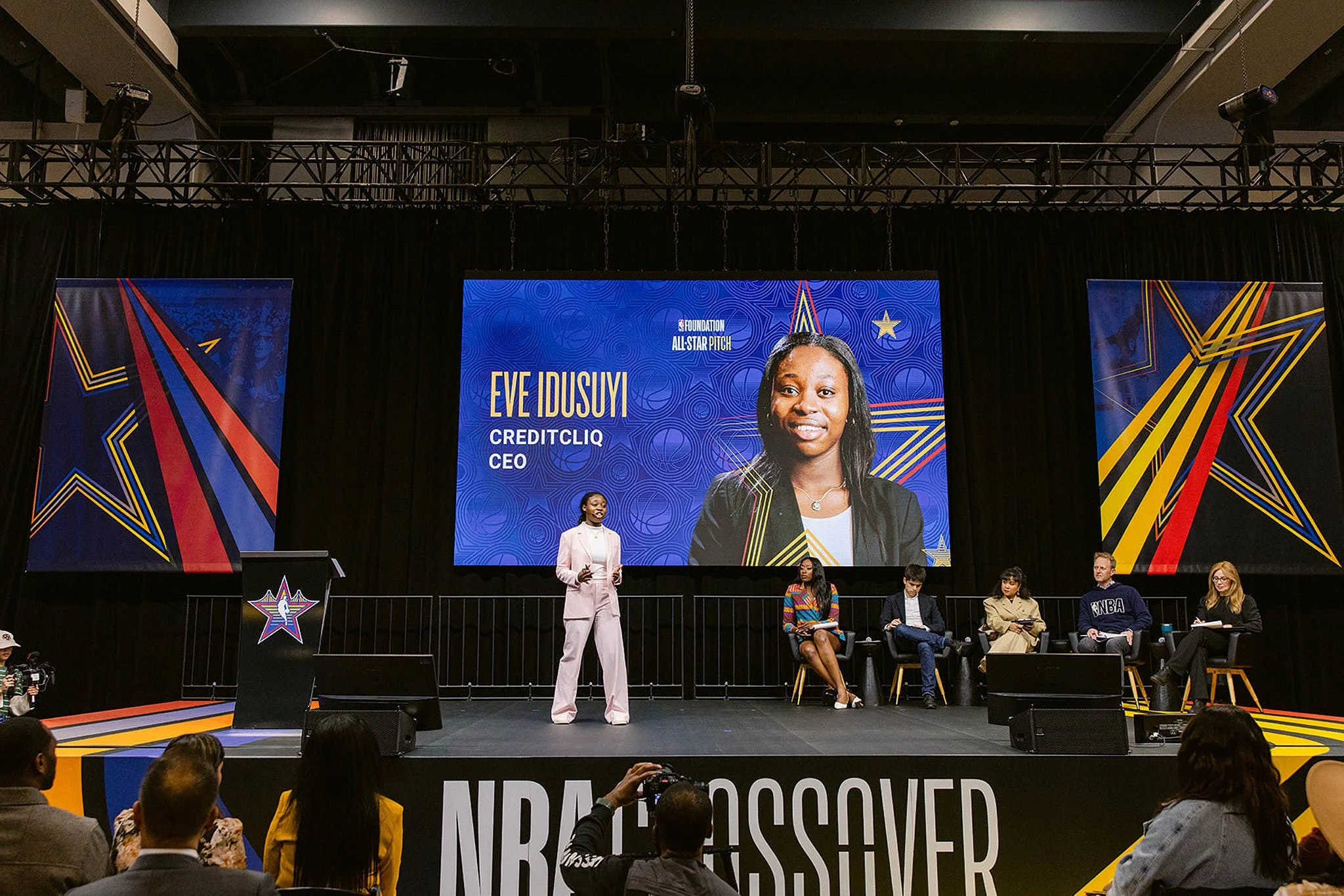 Full stage view of a moderated panel discussion at the NBA Crossover conference in San Francisco. Professional documentary event photography by Michaela Joy Photography.