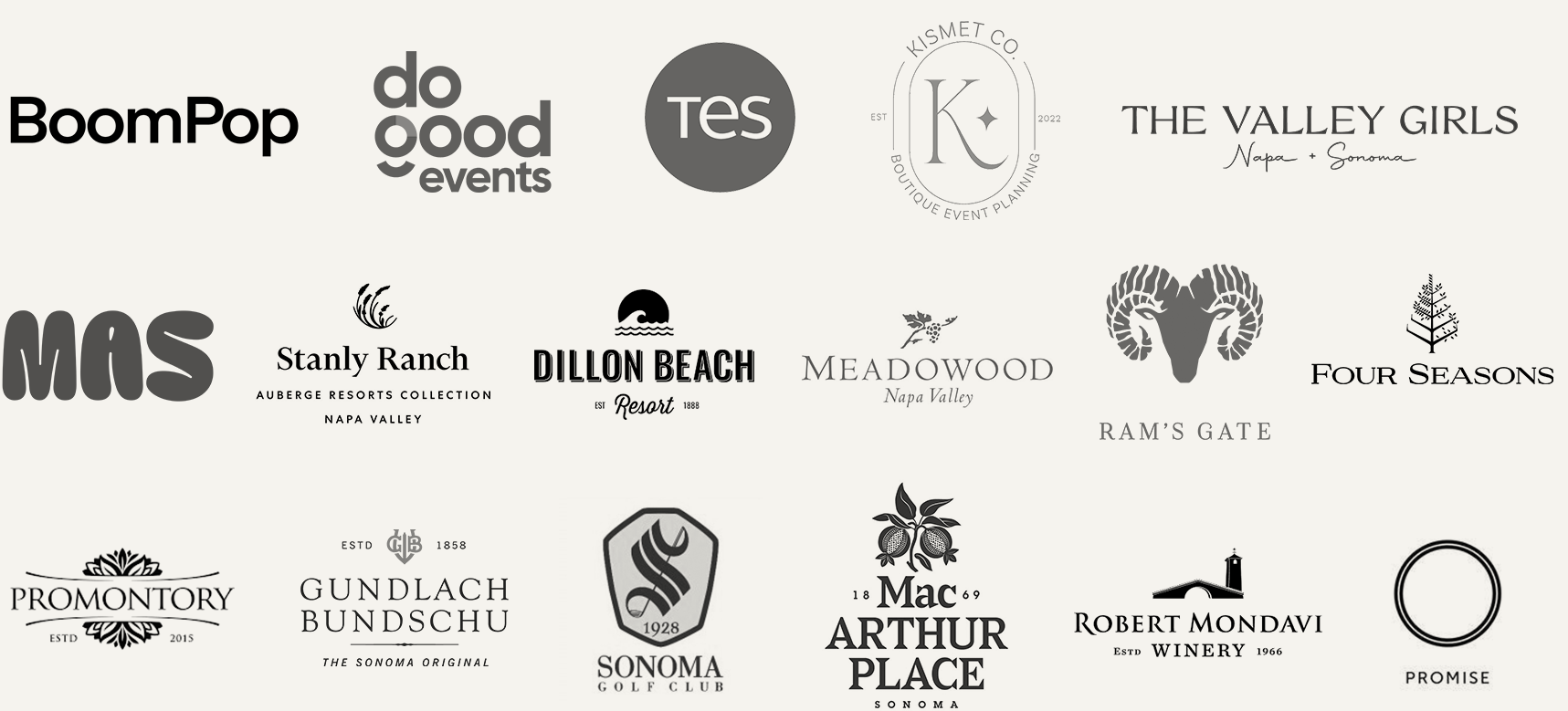 Trusted partner logos including BoomPop, The Valley Girls, and Meadowood Napa Valley. Michaela Joy Photography is the preferred Northern California corporate event photographer for luxury brands.