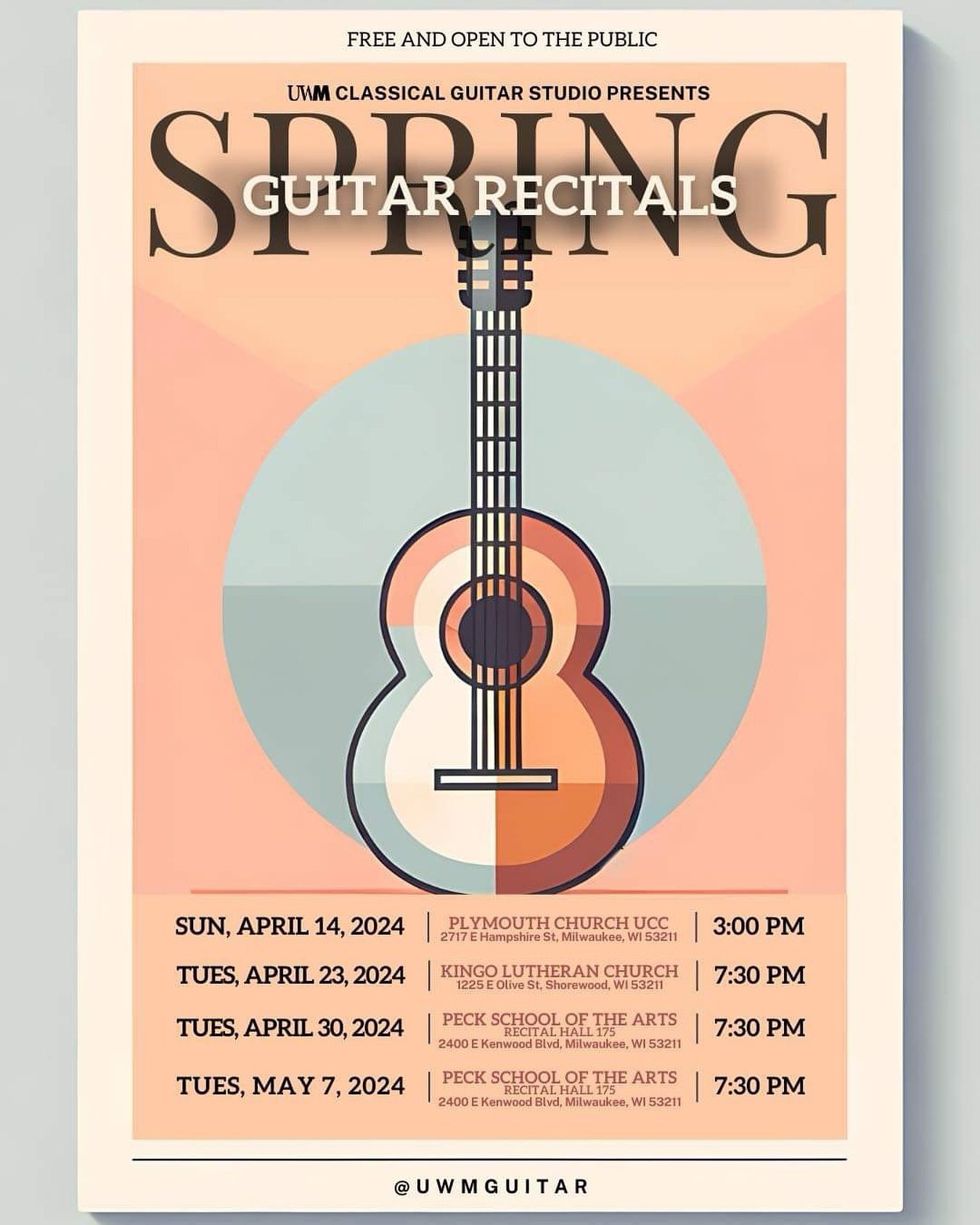 Our end-of-semester studio concert series is starting soon &mdash; we hope you&rsquo;ll come check out what everyone&rsquo;s been working on this semester! 🎶

🖼️: @kyle.khembo 

-

@uwmilwaukee @uwmpsoa #music #musician #classicalmusic #guitar #cla