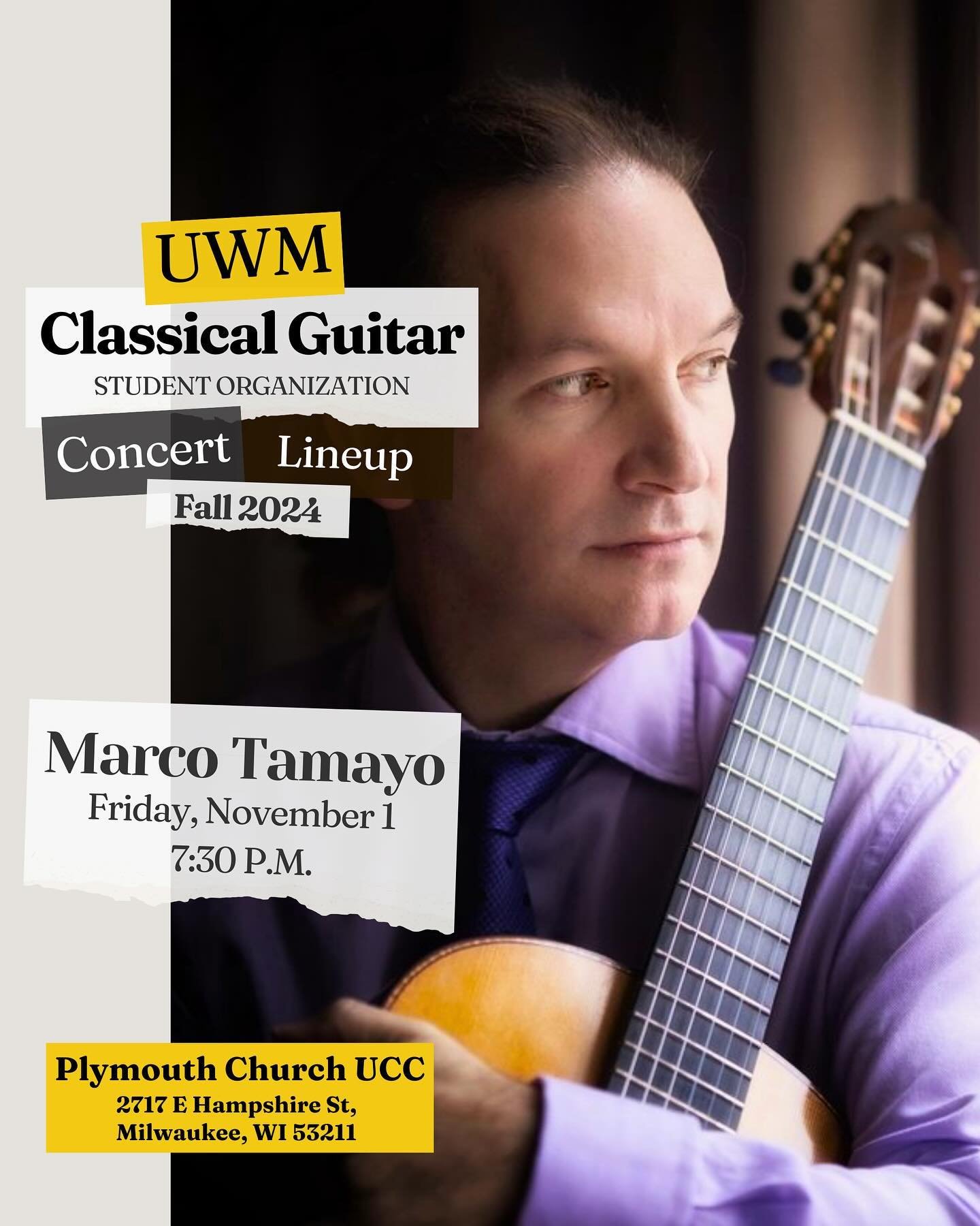 Mark your calendars for our second guest artist of the semester! @marco_tamayo_guitar will be performing at @plymouthmke tomorrow (11/1) at 7:30 P.M., and we can&rsquo;t wait to see you there!

🖼️: @kyle.khembo 

-

@uwmilwaukee @uwmpsoa #music #mus