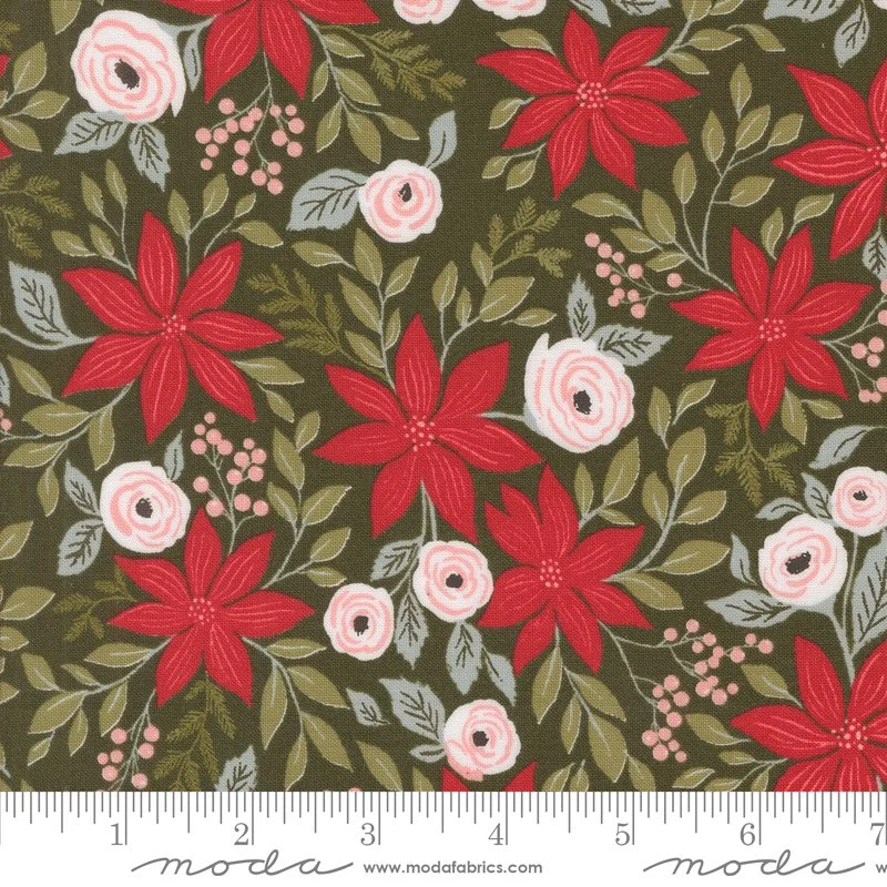 Berry and Pine Poinsettia Party Wintergreen Yardage