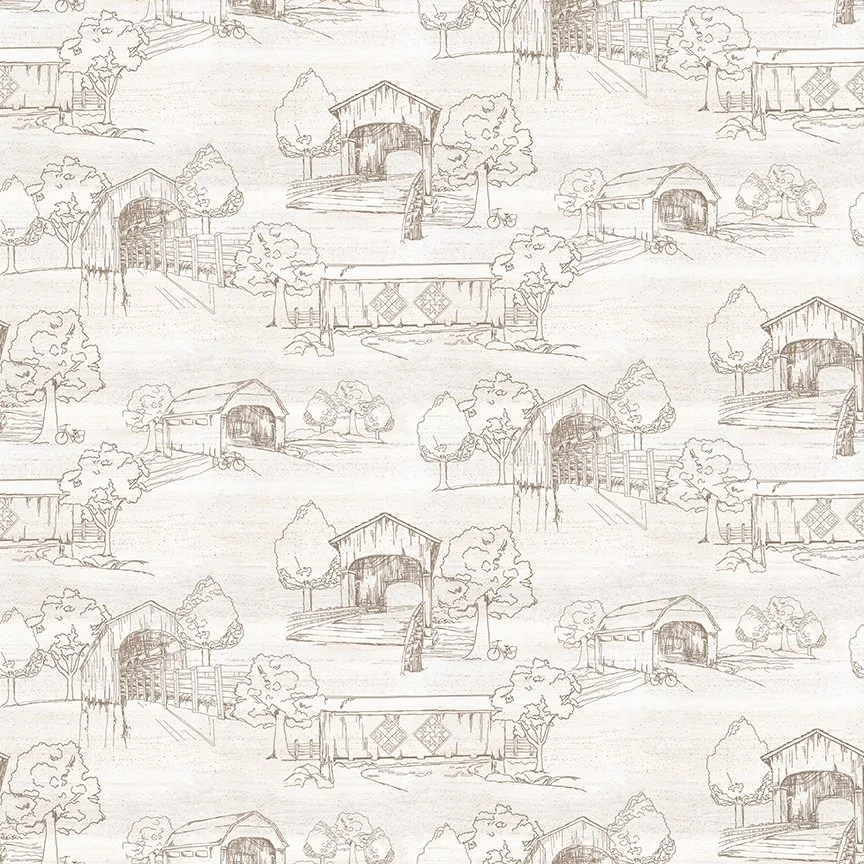 Covered Bridges in Spring Toile White Yardage