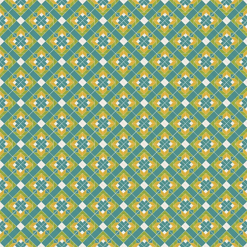 Covered Bridges in Spring Flower Block on Point Aqua Yardage