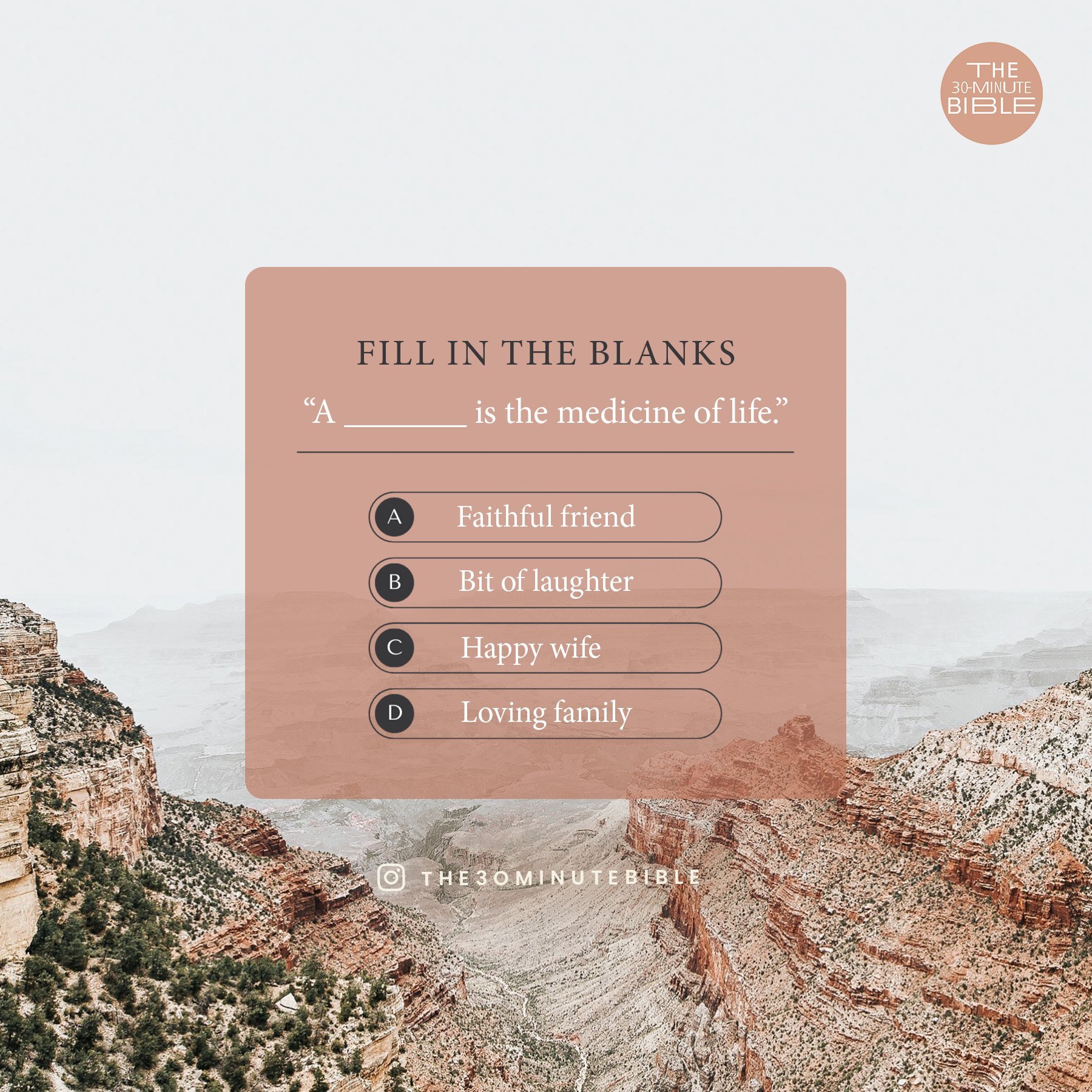 Can you complete this Bible verse? Join us in the comments section if you know the correct answer. 🤗 HINT: Check out Ecclesiastes 6 🧐🔍

#BibleQuiz #BibleTrivia #FaithQuiz #TestYourFaith #BibleKnowledge #ScriptureQuiz #30MinuteBible #Bible