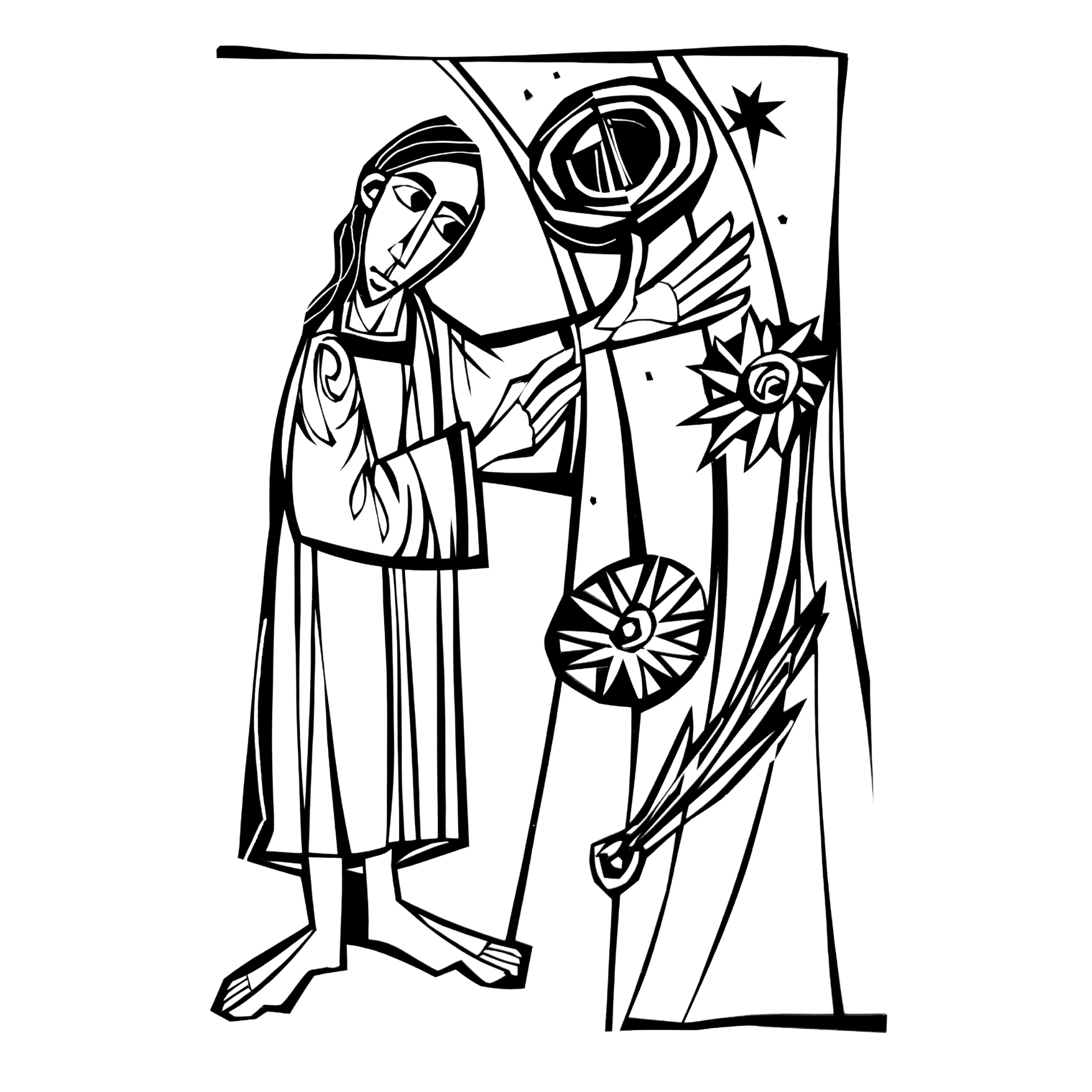 Line drawing of Jesus Christ, depicted with a beard and long hair, pointing at a scene with symbolic elements such as a star, a sun, and geometric shapes on a vertical panel.